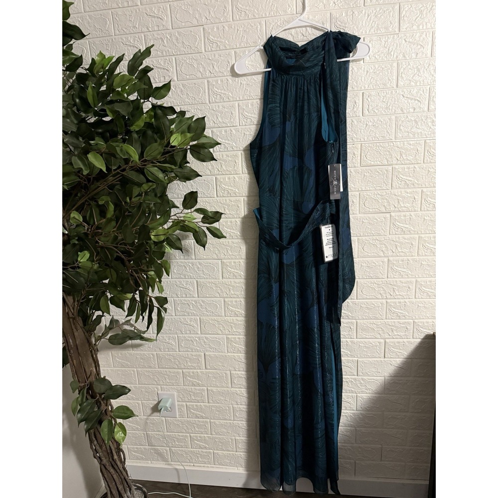 Betsy and Adam Teal Metallic Ginkgo Scarf Neck Formal Dress A27359 Size 10